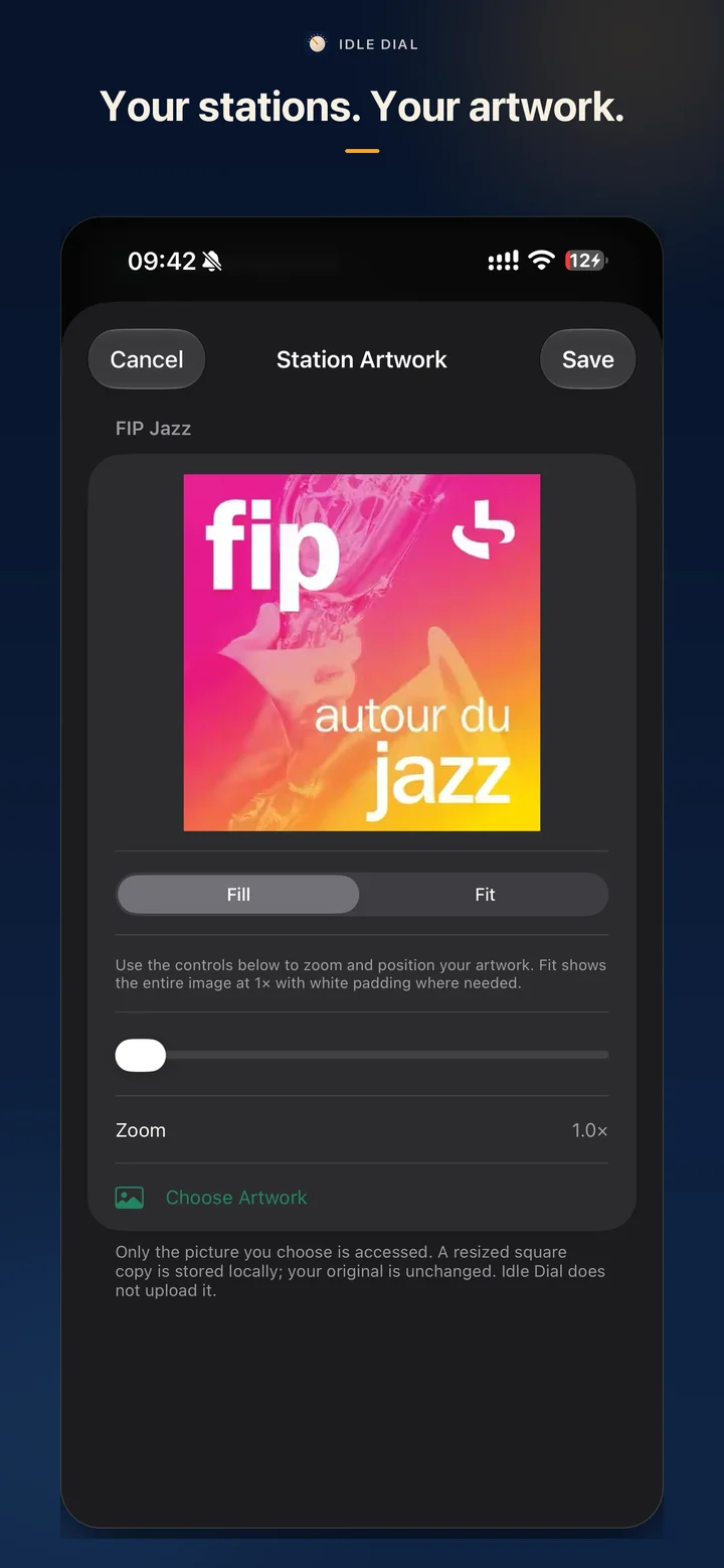 The custom station artwork editor with colourful FIP Jazz artwork.
