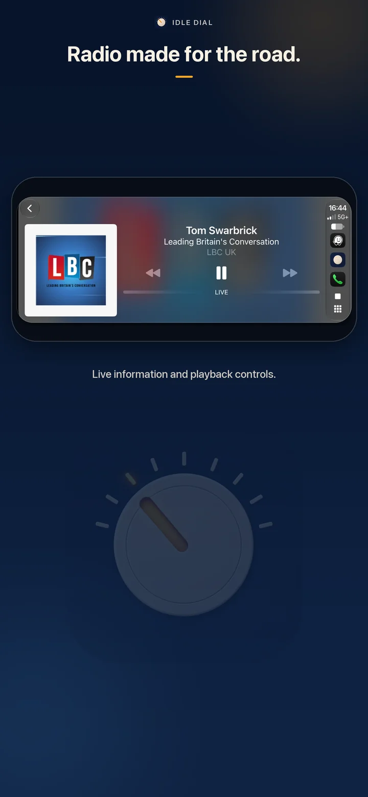 Idle Dial playing LBC on a CarPlay display.