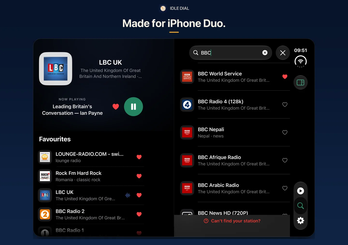 Idle Dial on an unfolded iPhone Duo: LBC playing and favourites on the left, BBC station search on the right.