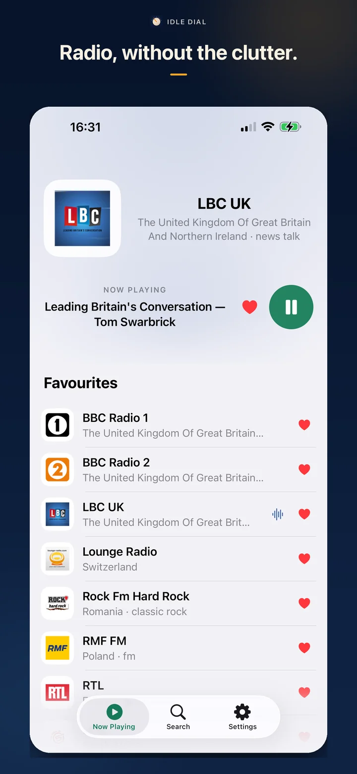 Idle Dial playing LBC with favourite stations below.