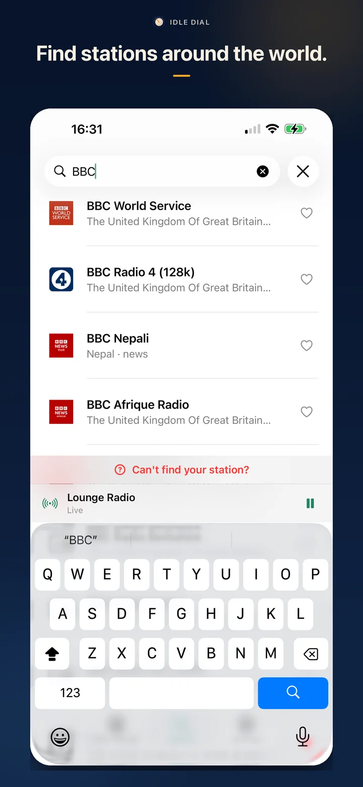 BBC station search results in Idle Dial for iPhone.