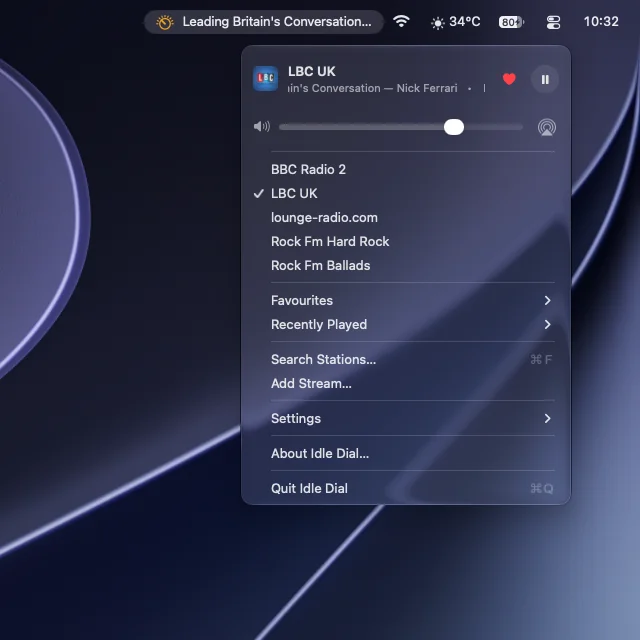 Idle Dial Desktop 1.1 with the amber dial menu-bar icon, playback controls and favourite stations.