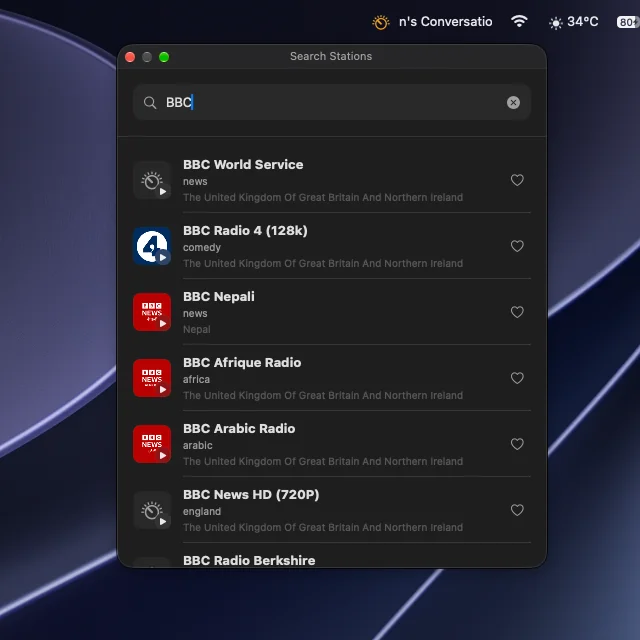 BBC station search results in Idle Dial Desktop 1.1.